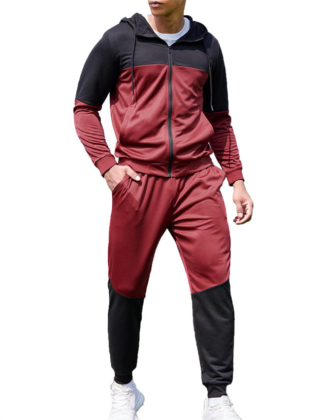  Men Hooded Athletic Tracksuit Full Zip Color Block Sweatsuits Casual Jogging Suit Sets with Hoodie